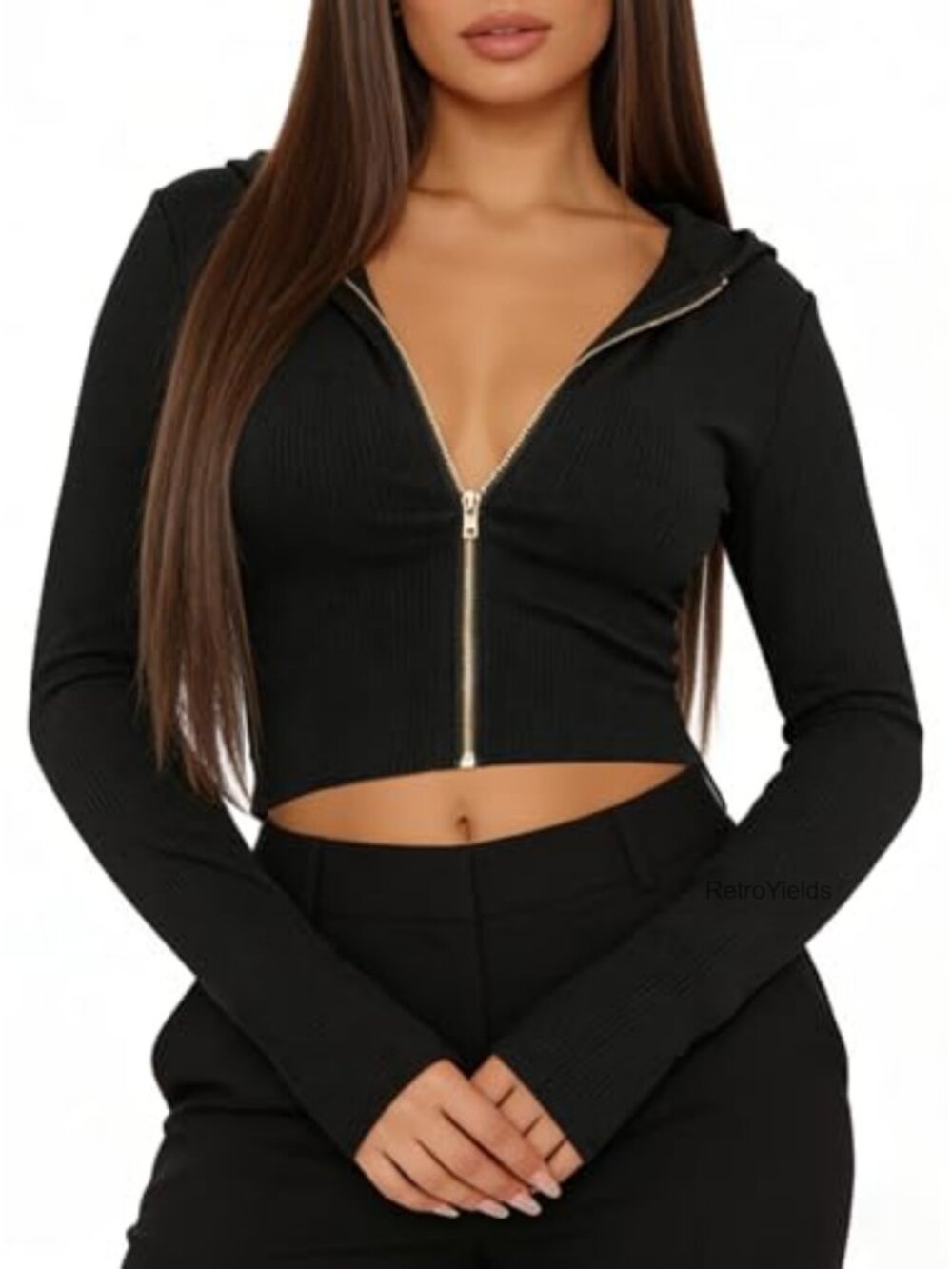 Women's Cropped Zip Up Hoodie Casual Long Sleeve Ribbed Knit Sweatshirt